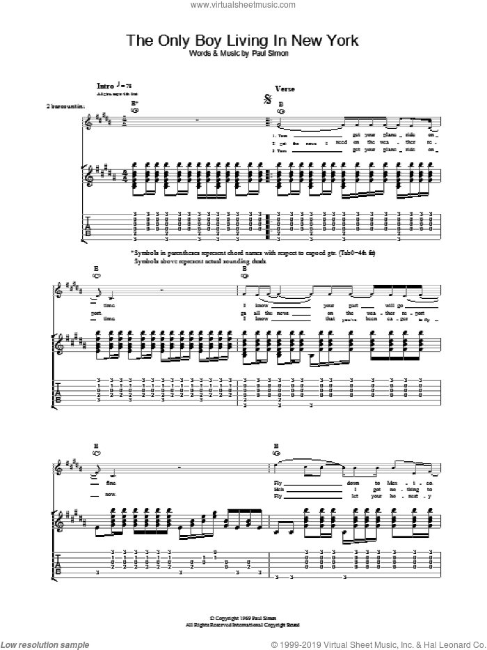The Only Boy Living In New York sheet music for guitar (tablature) by Simon & Garfunkel and Paul Simon, intermediate skill level