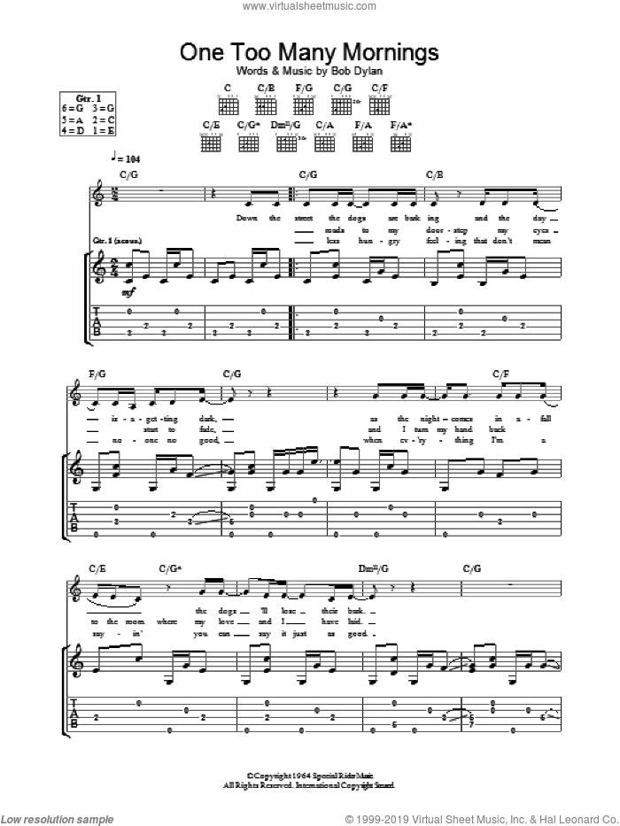 One Too Many Mornings sheet music for guitar (tablature) by Bob Dylan, intermediate skill level