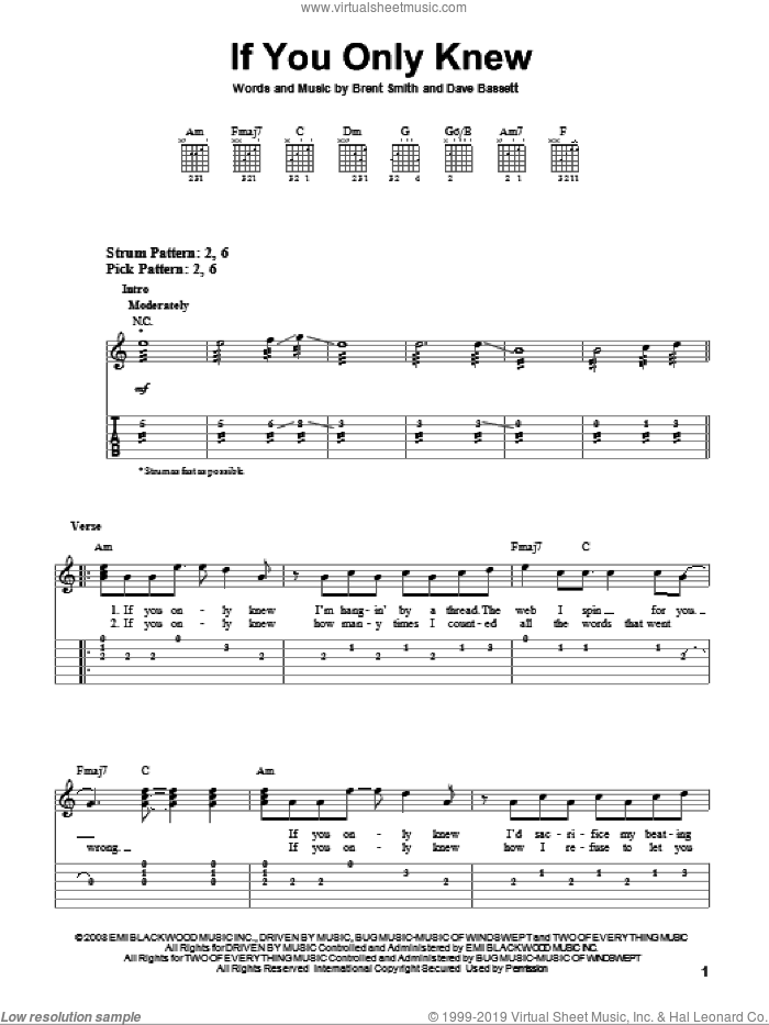 If You Only Knew sheet music for guitar solo (easy tablature) by Shinedown, Brent Smith and Dave Bassett, easy guitar (easy tablature)