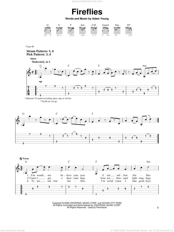 Fireflies sheet music for guitar solo (easy tablature) by Owl City and Adam Young, easy guitar (easy tablature)