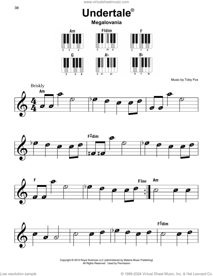 Megalovania (from Undertale), (beginner) sheet music for piano solo by Toby Fox, beginner skill level