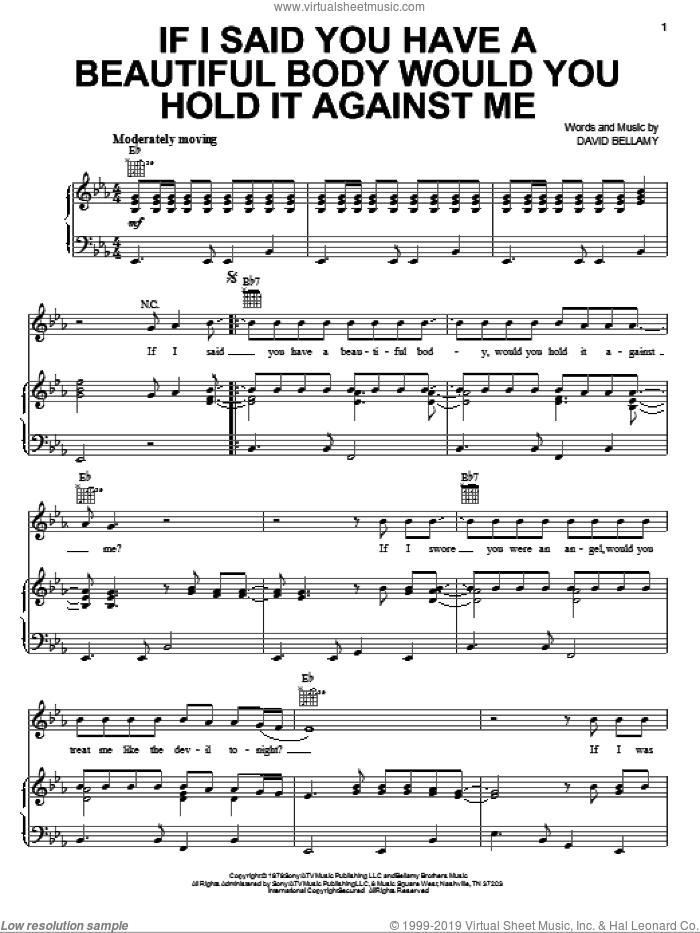If I Said You Have A Beautiful Body Would You Hold It Against Me sheet music for voice, piano or guitar by Bellamy Brothers and David Bellamy, intermediate skill level