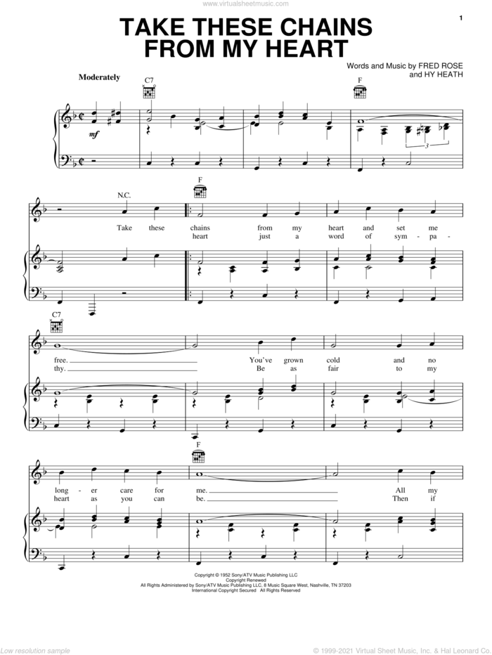 Take These Chains From My Heart sheet music for voice, piano or guitar by Hank Williams, Fred Rose and Hy Heath, intermediate skill level