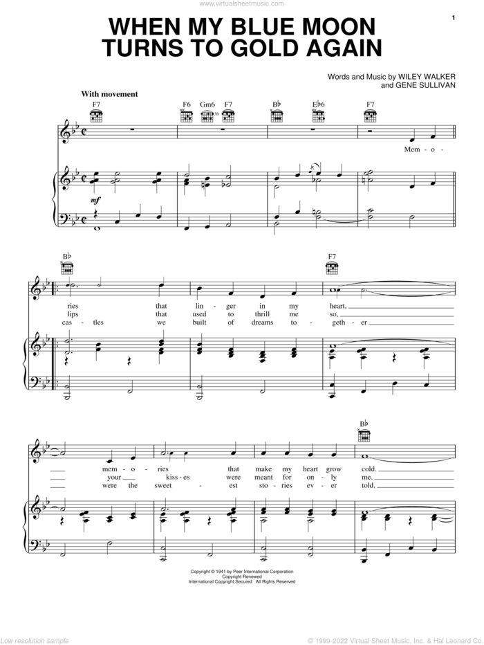 When My Blue Moon Turns To Gold Again sheet music for voice, piano or guitar by Elvis Presley, Eddy Arnold, Gene Sullivan and Wiley Walker, intermediate skill level