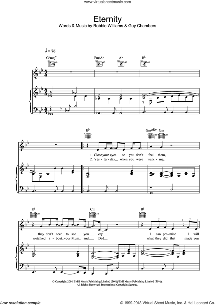 Eternity sheet music for voice, piano or guitar by Robbie Williams and Guy Chambers, intermediate skill level