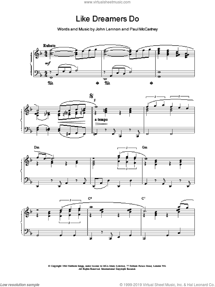 Like Dreamers Do sheet music for piano solo by Paul McCartney, The Beatles and LENNON, intermediate skill level