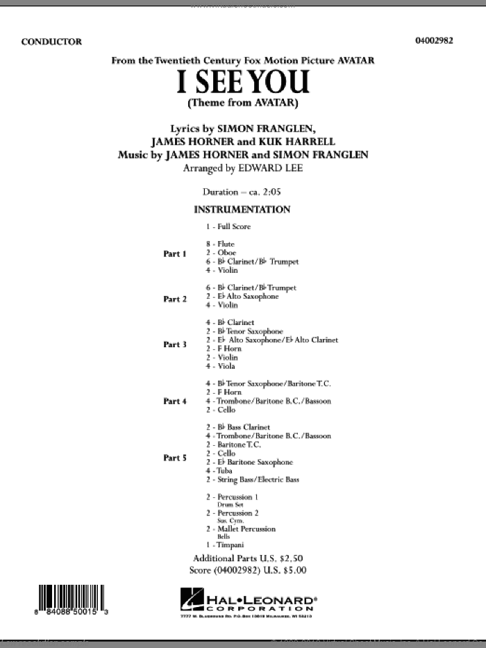 I See You (Theme from Avatar) (COMPLETE) sheet music for concert band by James Horner, Kuk Harrell, Simon Franglen, Edward Lee and Leona Lewis, intermediate skill level