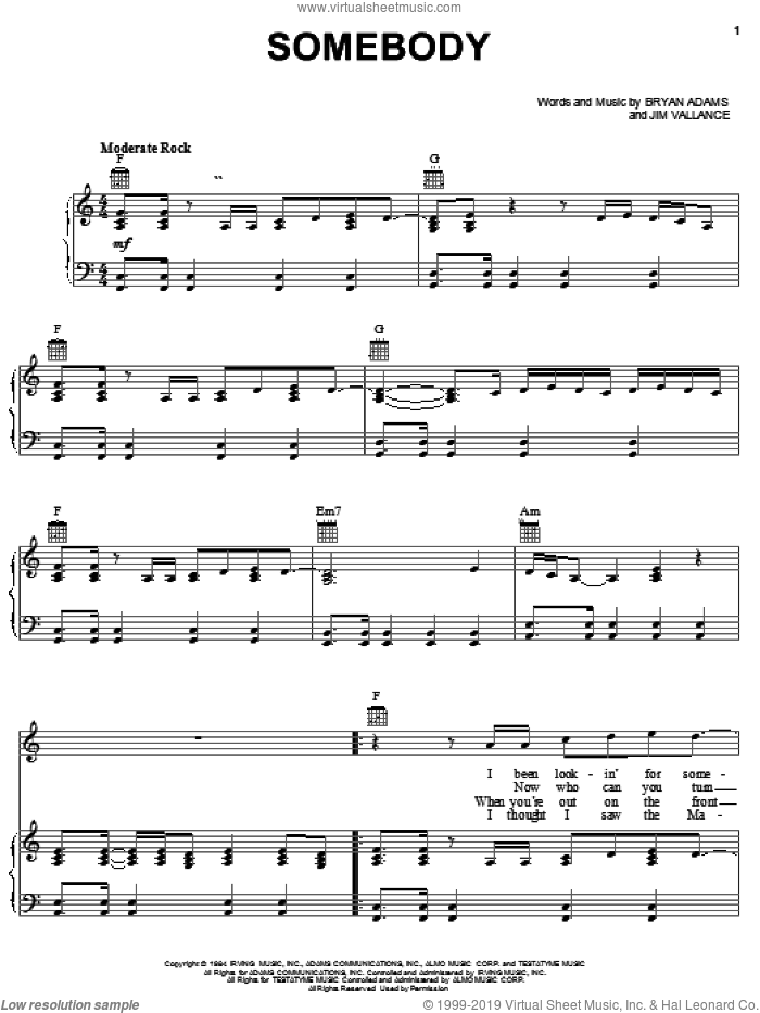 Somebody sheet music for voice, piano or guitar by Bryan Adams and Jim Vallance, intermediate skill level