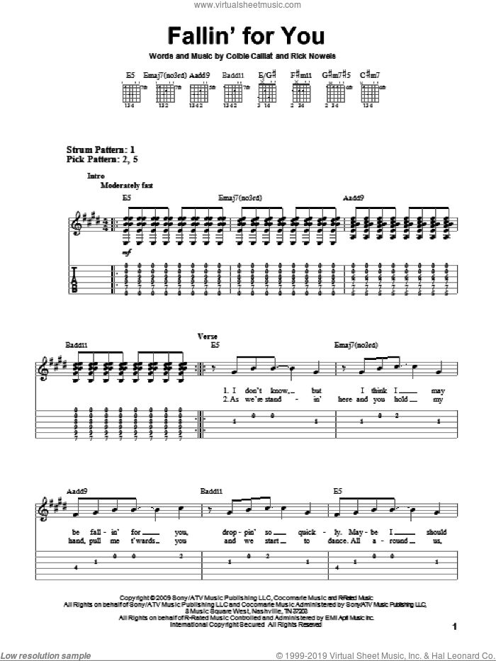 Fallin' For You sheet music for guitar solo (easy tablature) by Colbie Caillat and Rick Nowels, easy guitar (easy tablature)