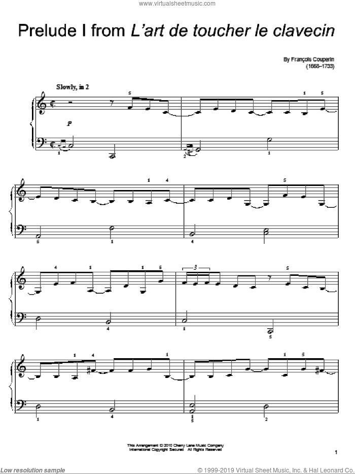 Prelude sheet music for piano solo by Francois Couperin, classical score, easy skill level