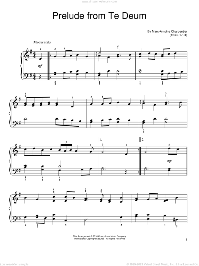 Prelude sheet music for piano solo by Marc-Antoine Charpentier, classical score, easy skill level