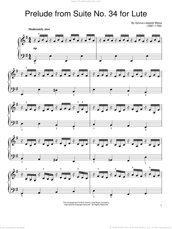 Prelude sheet music for piano solo by Sylvius-Leopold Weiss, classical score, easy skill level