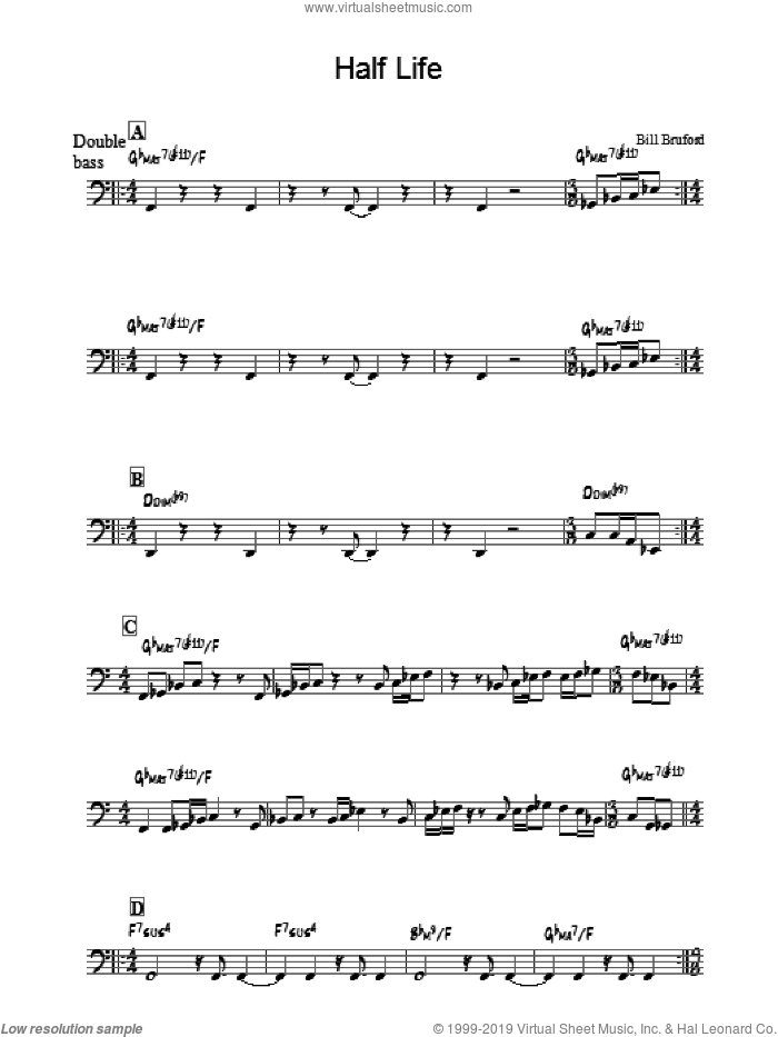 Half Life sheet music for bass solo by Bill Bruford, intermediate skill level