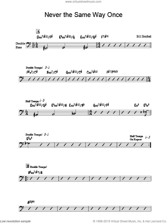 Never The Same Way Once sheet music for bass solo by Bill Bruford, intermediate skill level