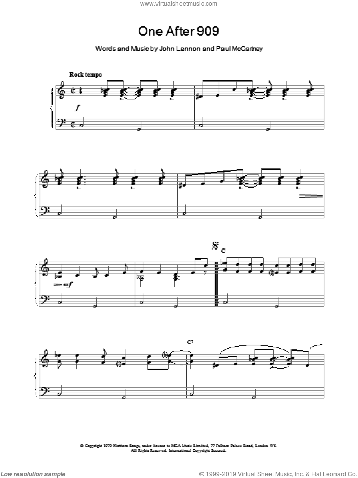 One After 909 sheet music for piano solo by The Beatles and Paul McCartney, intermediate skill level
