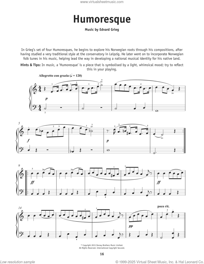 Humoresque sheet music for piano solo by Edvard Grieg, classical score, beginner skill level