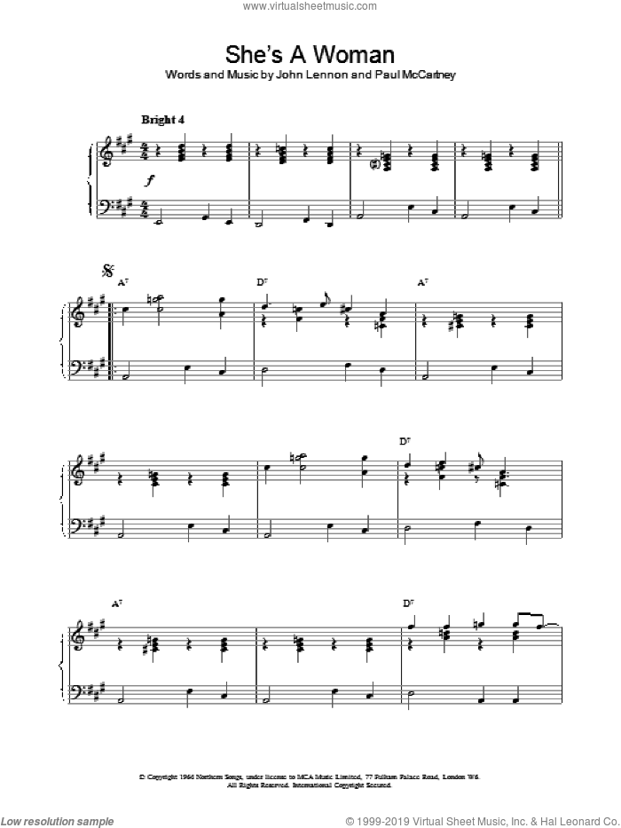 She's A Woman sheet music for piano solo by The Beatles, intermediate skill level