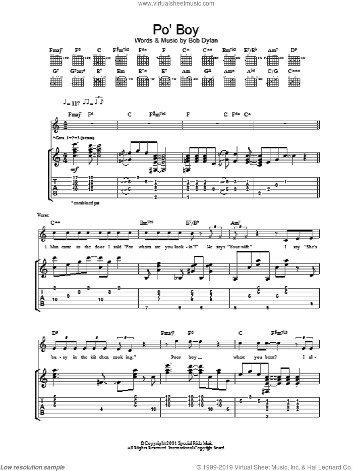Po' Boy sheet music for guitar (tablature) by Bob Dylan, intermediate skill level