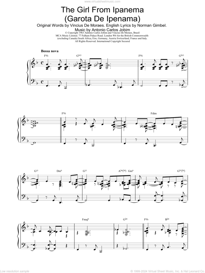 The Girl From Ipanema sheet music for piano solo by Antonio Carlos Jobim, intermediate skill level