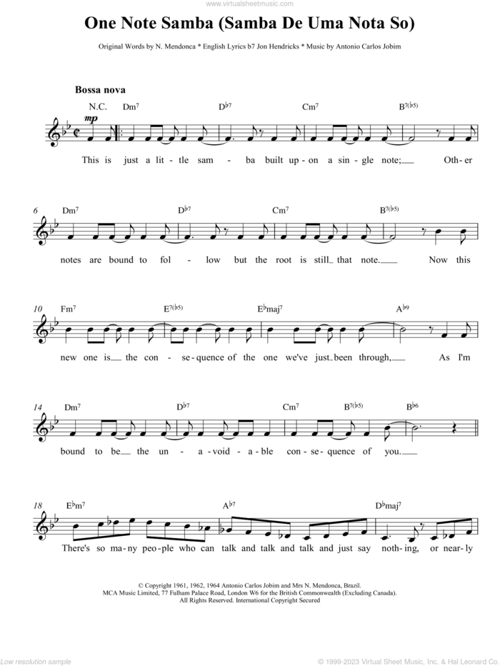 One Note Samba sheet music for voice and other instruments (fake book) by Antonio Carlos Jobim and Jon Hendricks, intermediate skill level