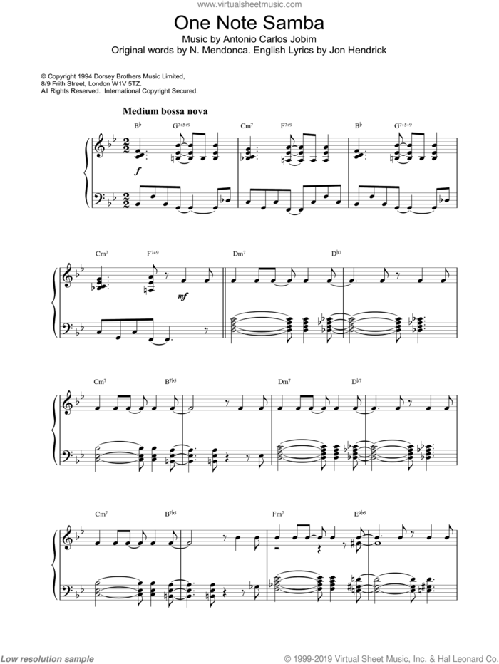 One Note Samba sheet music for piano solo by Antonio Carlos Jobim and Jon Hendricks, intermediate skill level