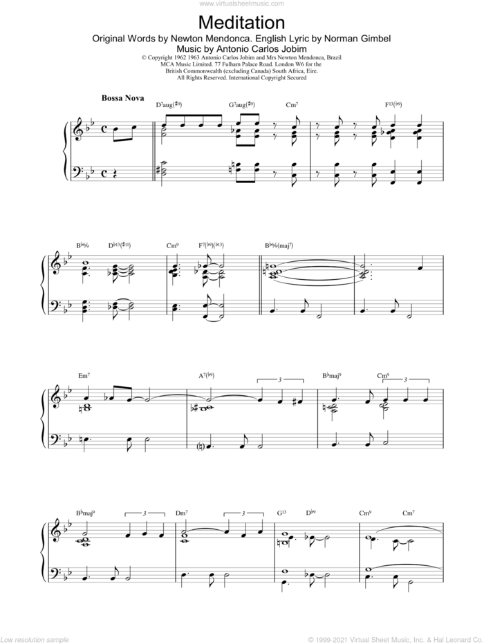 Meditation sheet music for piano solo by Antonio Carlos Jobim and Gerry Mulligan, intermediate skill level