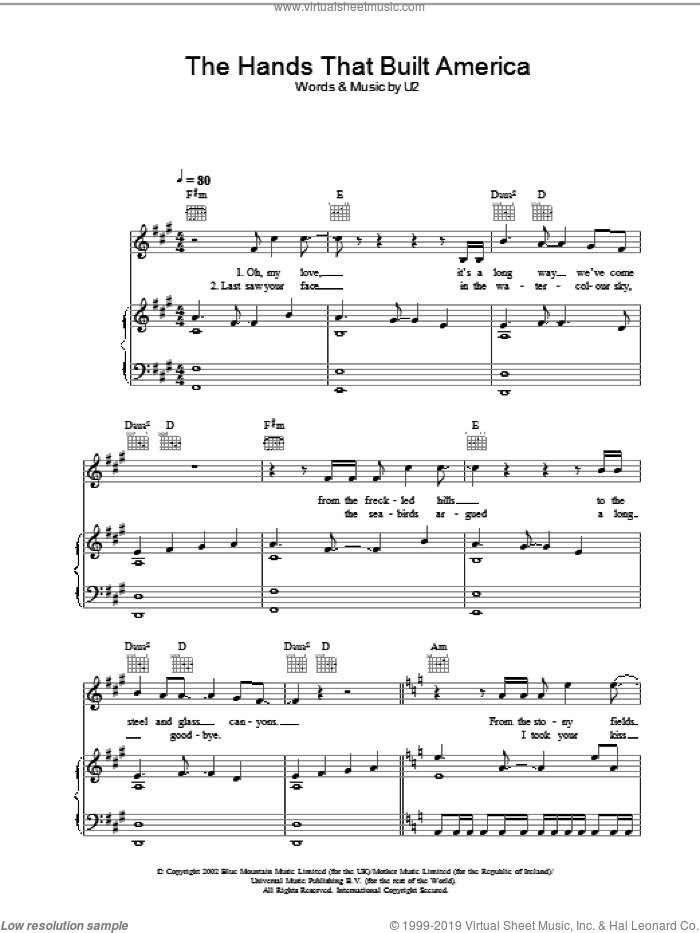 The Hands That Built America sheet music for voice, piano or guitar by U2, intermediate skill level