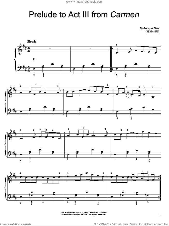 Prelude To Act III sheet music for piano solo by Georges Bizet, classical score, easy skill level