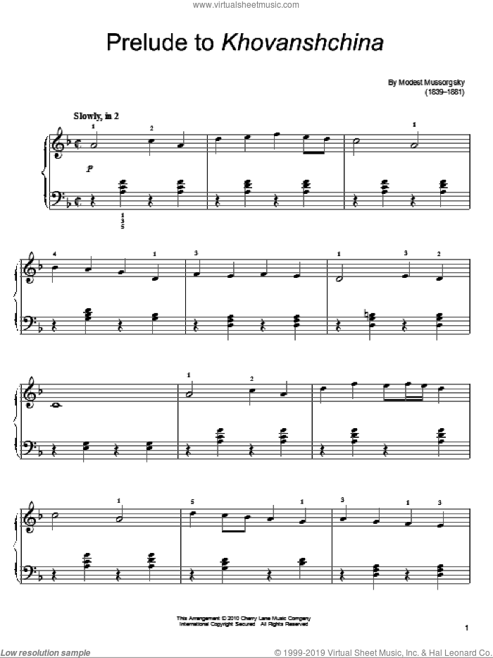 Prelude To Khovanshchina sheet music for piano solo by Modest Petrovic Mussorgsky, classical score, easy skill level