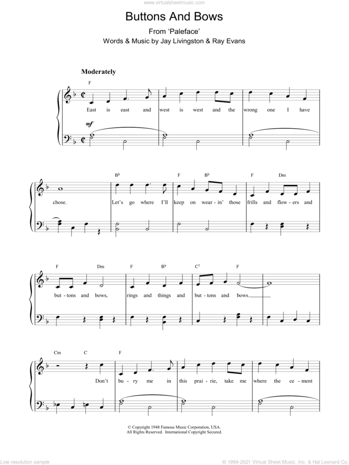 Buttons And Bows sheet music for piano solo by J & Evans, R Livingston, Dinah Shore and Gene Autry, intermediate skill level