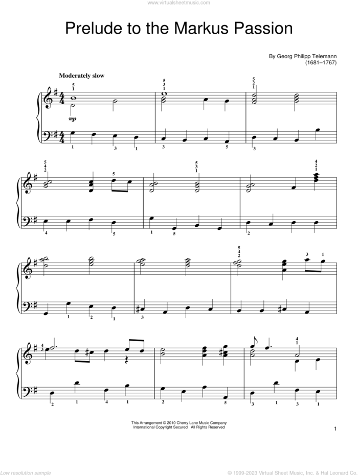 Prelude To The Markus Passion sheet music for piano solo by Georg Philipp Telemann, classical score, easy skill level