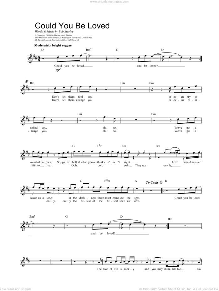 Could You Be Loved sheet music for voice and other instruments (fake book) by Bob Marley and Bob Marley and The Wailers, intermediate skill level