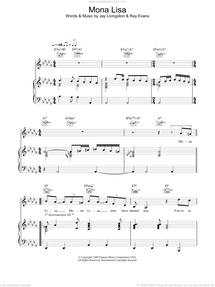 Mona Lisa sheet music for voice, piano or guitar by Jay Livingston, Manuel Seal and Ray Evans, intermediate skill level