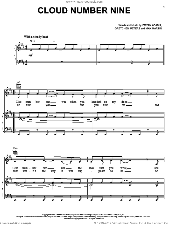 Cloud Number Nine sheet music for voice, piano or guitar by Bryan Adams, Gretchen Peters and Max Martin, intermediate skill level