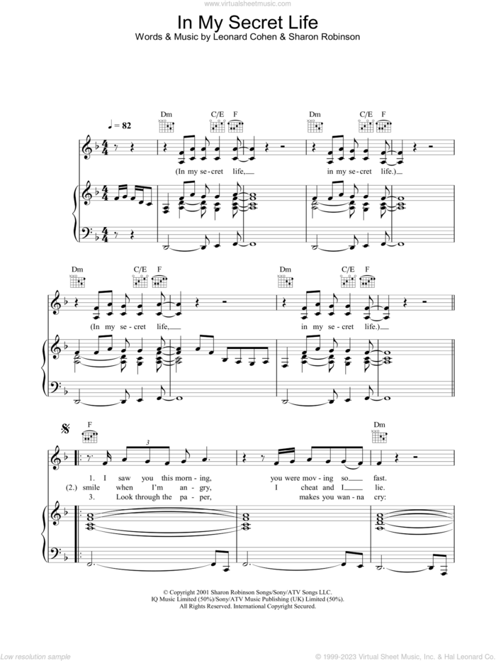 In My Secret Life sheet music for voice, piano or guitar by Leonard Cohen and Sharon Robinson, intermediate skill level