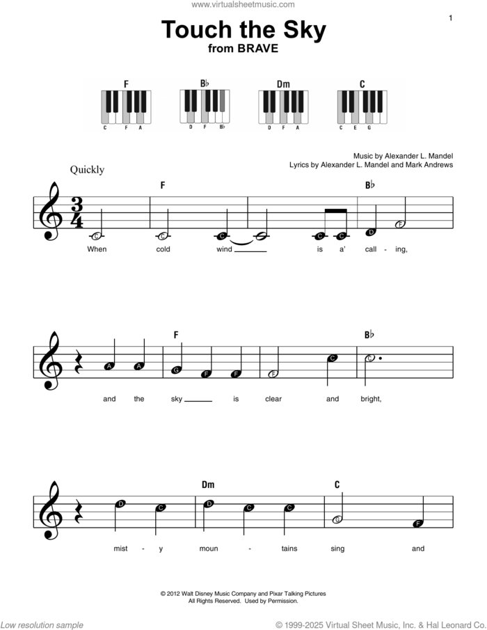 Touch The Sky (from Brave) sheet music for piano solo by Julie Fowlis, Alexander L. Mandel and Mark Andrews, beginner skill level