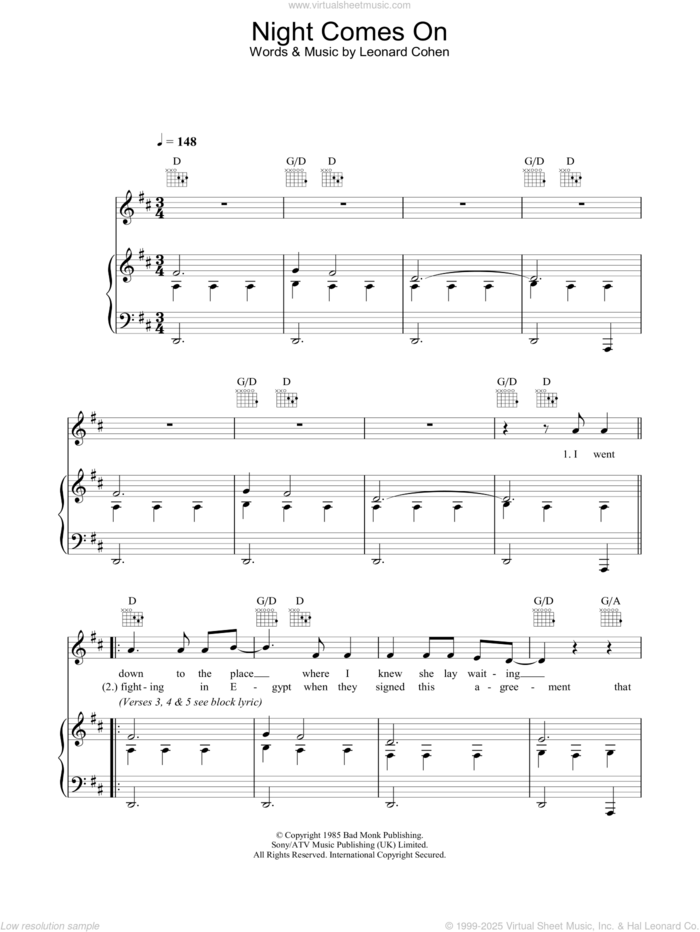 Night Comes On sheet music for voice, piano or guitar by Leonard Cohen, intermediate skill level