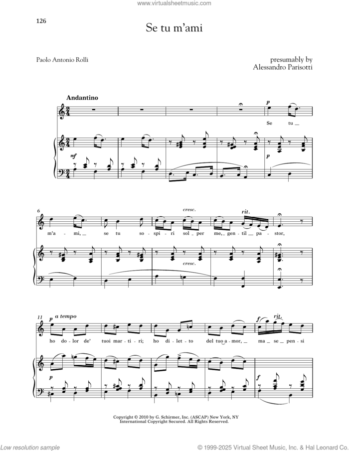 Se Tu M'ami (High Voice) sheet music for voice and piano (High Voice) by Alessandro Parisotti, Richard Walters and Paolo Antonio Rolli, classical score, intermediate skill level