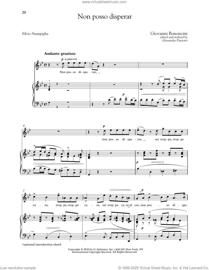 Non Posso Disperar (High Voice) sheet music for voice and piano (High Voice) by Giovanni Bononcini, Alessandro Parisotti (ed.), Richard Walters and Silvio Stampiglia, classical score, intermediate skill level