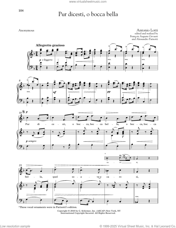 Pur Dicesti, O Bocca Bella (High Voice) sheet music for voice and piano (High Voice) by Antonio Lotti, Alessandro Parisotti (ed.), Francois Auguste Gevaert (ed.), Richard Walters and Anonymous, classical score, intermediate skill level