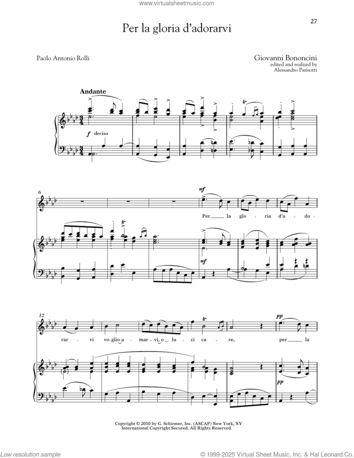 Per La Gloria D'adorarvi (High Voice) sheet music for voice and piano (High Voice) by Giovanni Bononcini, Alessandro Parisotti (ed.), Richard Walters and Paolo Antonio Rolli, classical score, intermediate skill level