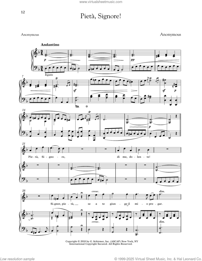 Pieta, Signore! (High Voice) sheet music for voice and piano (High Voice) by Richard Walters and Anonymous, classical score, intermediate skill level