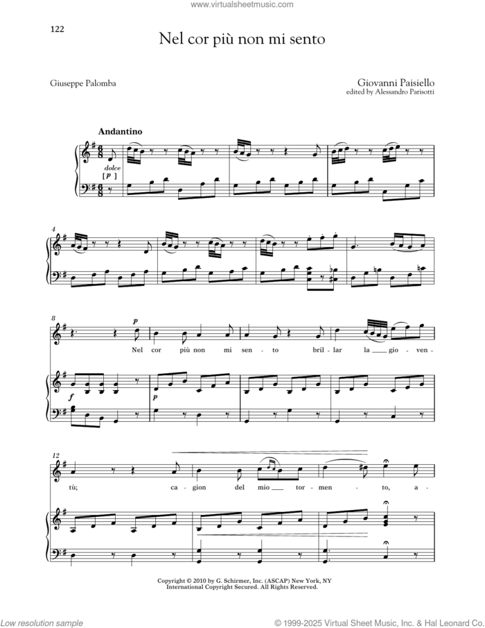 Nel Cor Piu Non Mi Sento (High Voice) sheet music for voice and piano (High Voice) by Giovanni Paisiello, Alessandro Parisotti (ed.), Richard Walters and Giuseppe Palomba, classical score, intermediate skill level