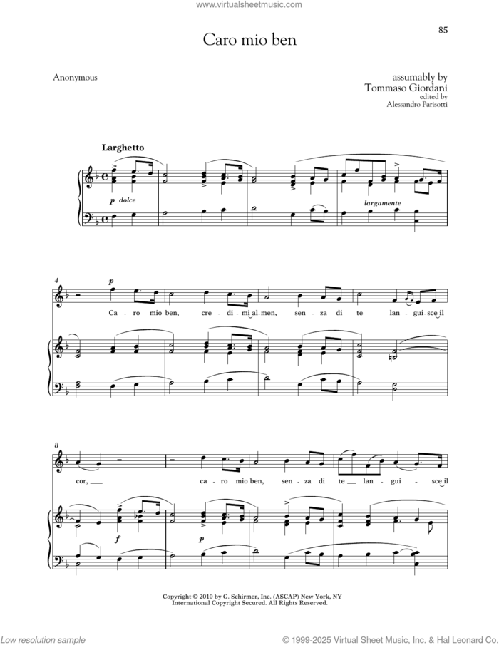 Caro Mio Ben (High Voice) sheet music for voice and piano (High Voice) by Tommaso Giordani, Alessandro Parisotti (ed.), Richard Walters and Anonymous, classical score, intermediate skill level