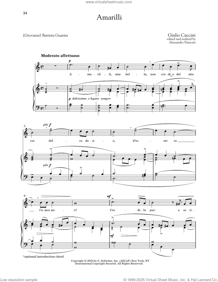 Amarilli (High Voice) sheet music for voice and piano (High Voice) by Giulio Caccini, Alessandro Parisotti (ed.), Richard Walters and (Giovanni) Battista Guarini, classical score, intermediate skill level