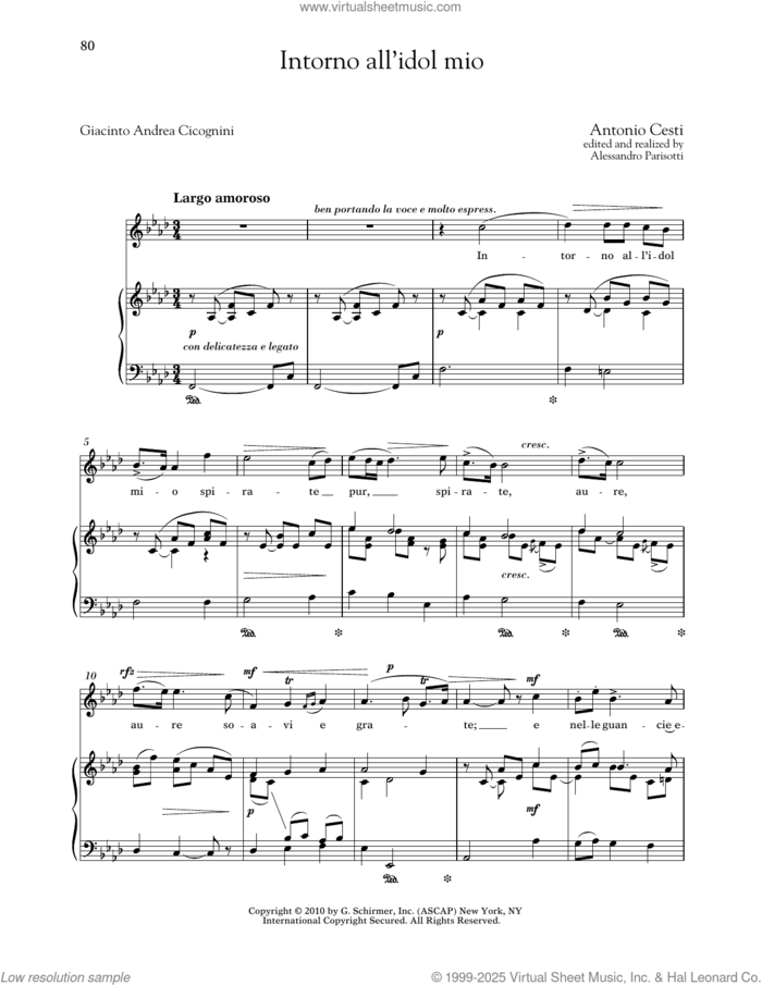 Intorno All'idol Mio (High Voice) sheet music for voice and piano (High Voice) by Antonio Cesti, Alessandro Parisotti (ed.), Richard Walters and Giacinto Andrea Cicognini, classical score, intermediate skill level