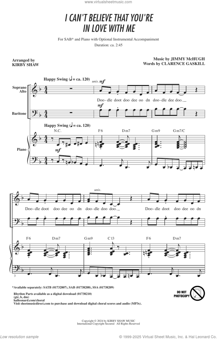 I Can't Believe That You're In Love With Me (arr. Kirby Shaw) sheet music for choir (SAB: soprano, alto, bass) by Jimmy McHugh, Kirby Shaw and Clarence Gaskill, intermediate skill level