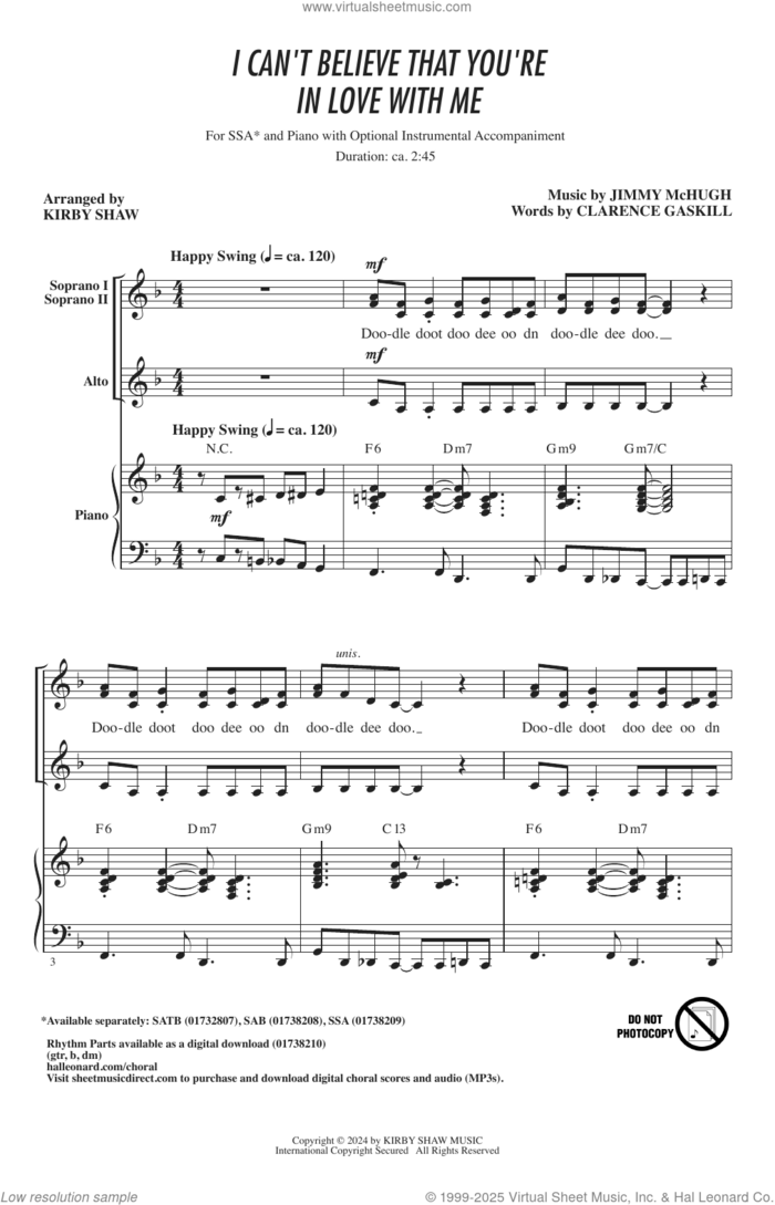 I Can't Believe That You're In Love With Me (arr. Kirby Shaw) sheet music for choir (SSA: soprano, alto) by Jimmy McHugh, Kirby Shaw (arr.) and Clarence Gaskill, intermediate skill level