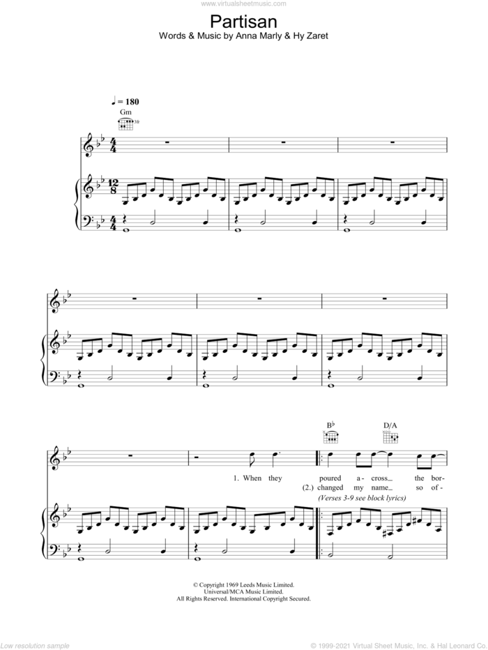 Partisan sheet music for voice, piano or guitar by Hy Zaret, Leonard Cohen and Anna Marly, intermediate skill level