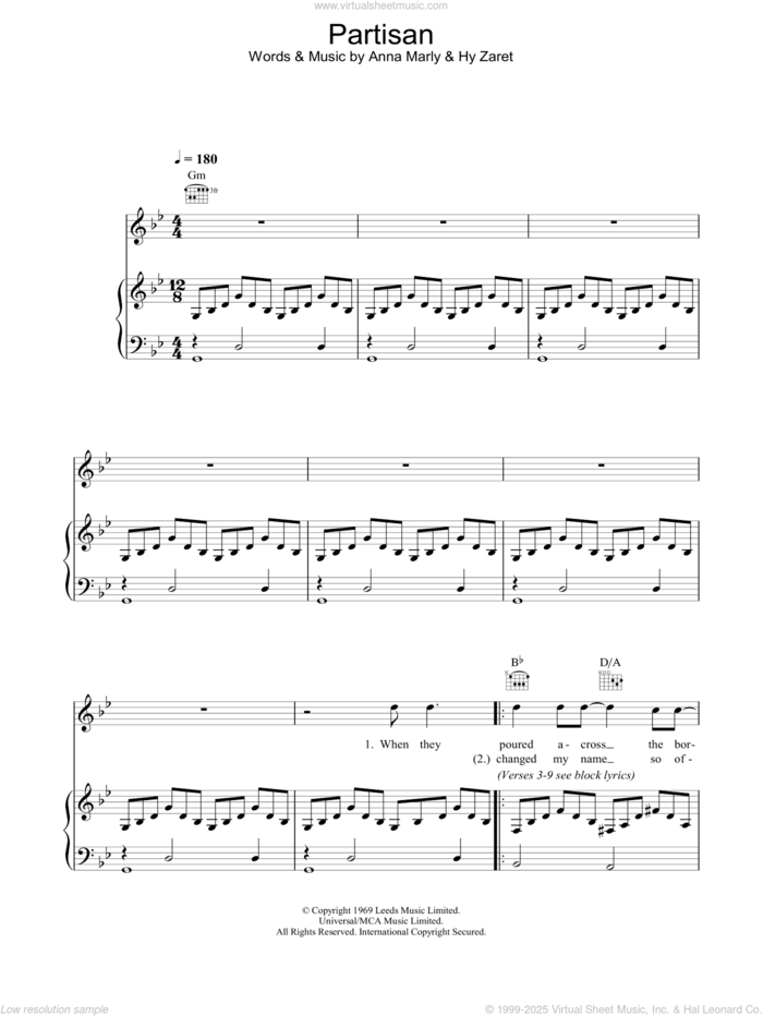 Partisan sheet music for voice, piano or guitar by Hy Zaret, Leonard Cohen and Anna Marly, intermediate skill level